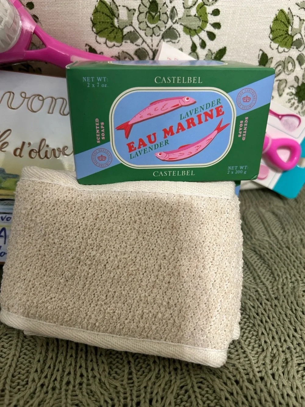 Wellness Bath Bundle: Blue/Clear Vinyl Toiletry Bag, Imported Soaps & Bath Brush